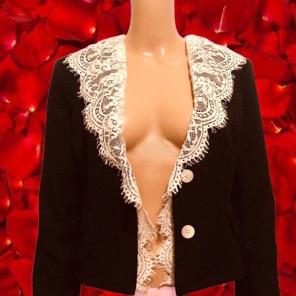 ENDLESS ROSE  Black Tweed White Lace Collar Crop Blazer NEW w Tags Size M - Picture 5 of 5